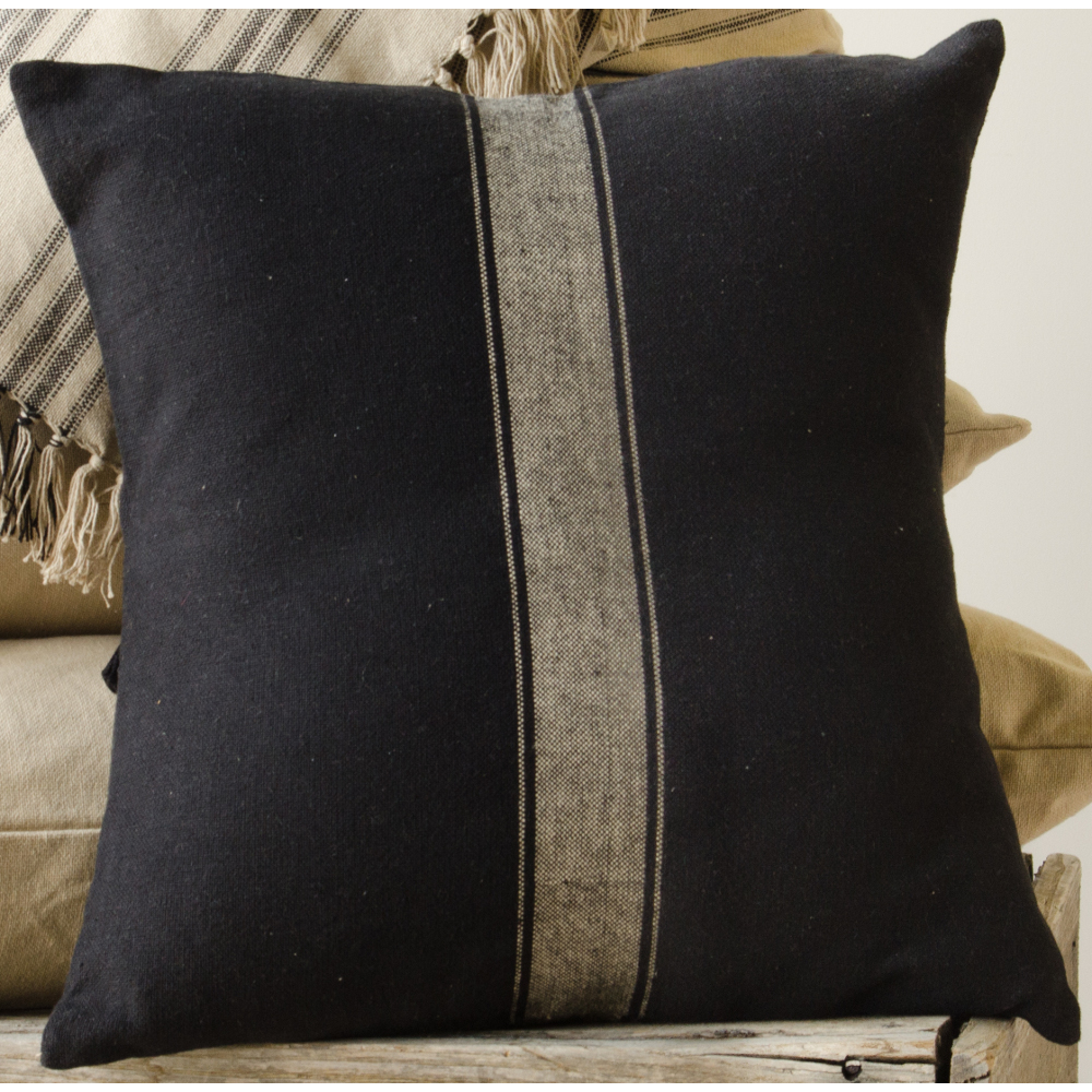 Grain Sack Stripe Oat - Black Pillow Cover